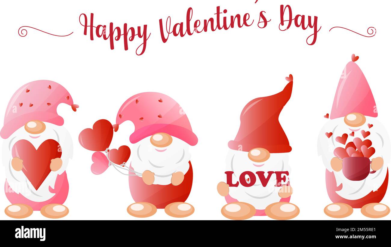 Romantische Cartoon-Gnomen zum Valentinstag. Valentinstag-Zwerge, schönes Design für Karten, Einladungen, Grüße, Valentinstag. Stock Vektor