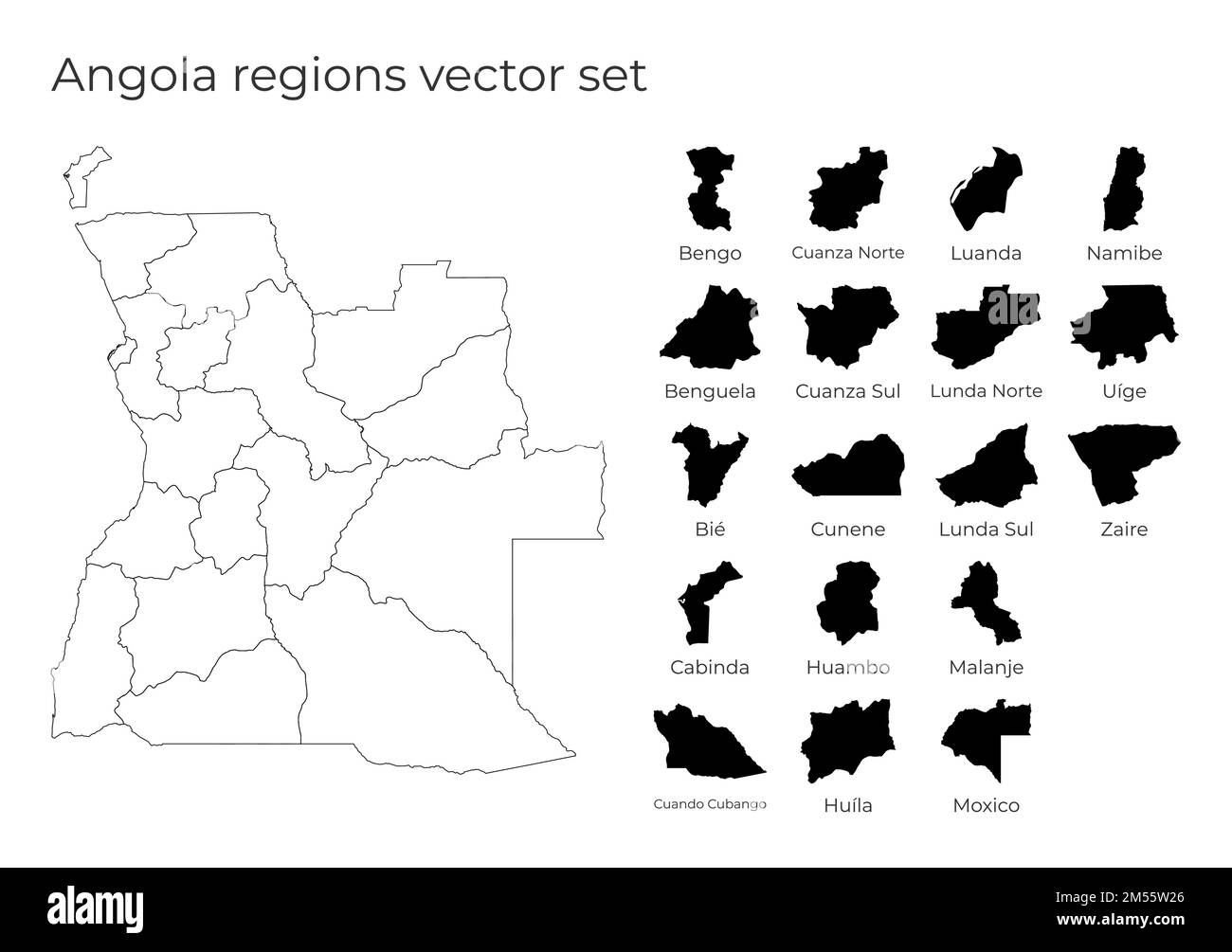 Angola Karte mit Formen von Regionen. Leere Vektorkarte des Landes mit Regionen. Grenzen des Landes für Ihre Infografik. Vektorabbildung. Stock Vektor