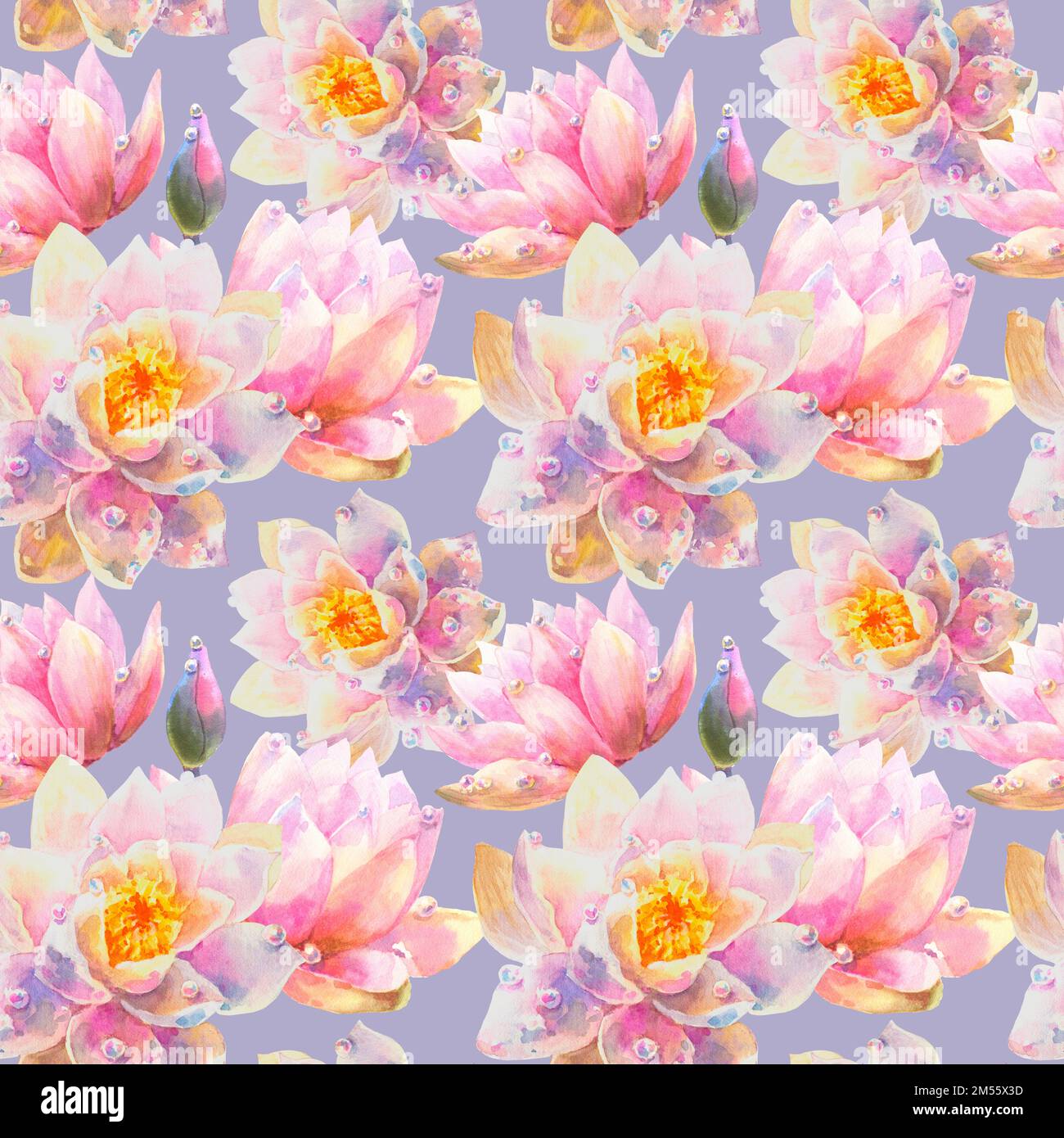 Aquarell Nahtloses Muster mit romantischen Blüten von Seerosen auf violettem Hintergrund. Hübsche Illustration für Tapeten, Textilien oder Geschenkpapier. Stockfoto