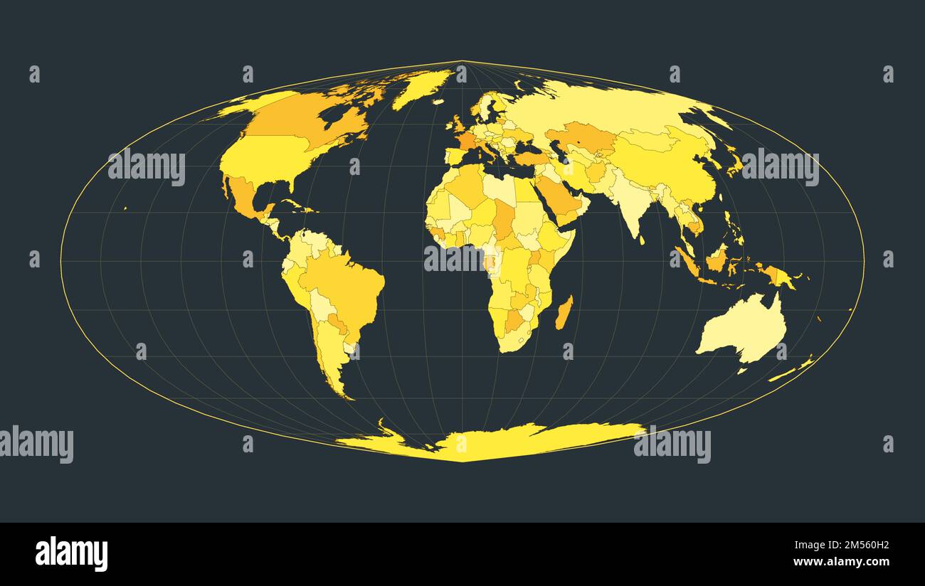 Weltkarte. Sinusprojektion nach Foucaut. Futuristische Weltanschauung für deine Infografik. Leuchtend gelbe Landfarben. Kreative Vektorbeispiele Stock Vektor
