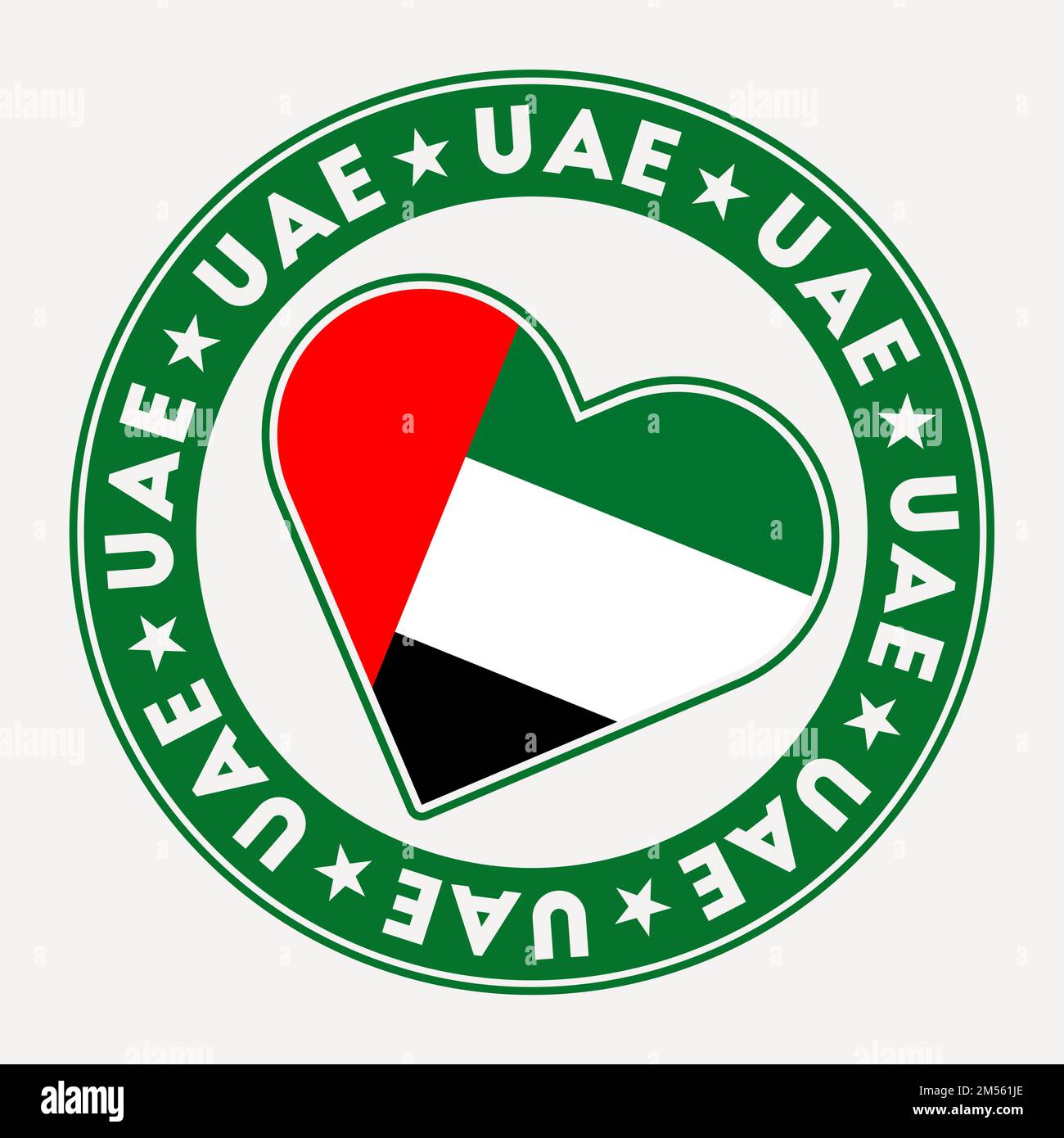 Logo mit Herzflagge in den VAE. Aus den Vereinigten Arabischen Emiraten mit Love-Logo. Unterstützt den Stempel der Landesflagge. Vektordarstellung. Stock Vektor