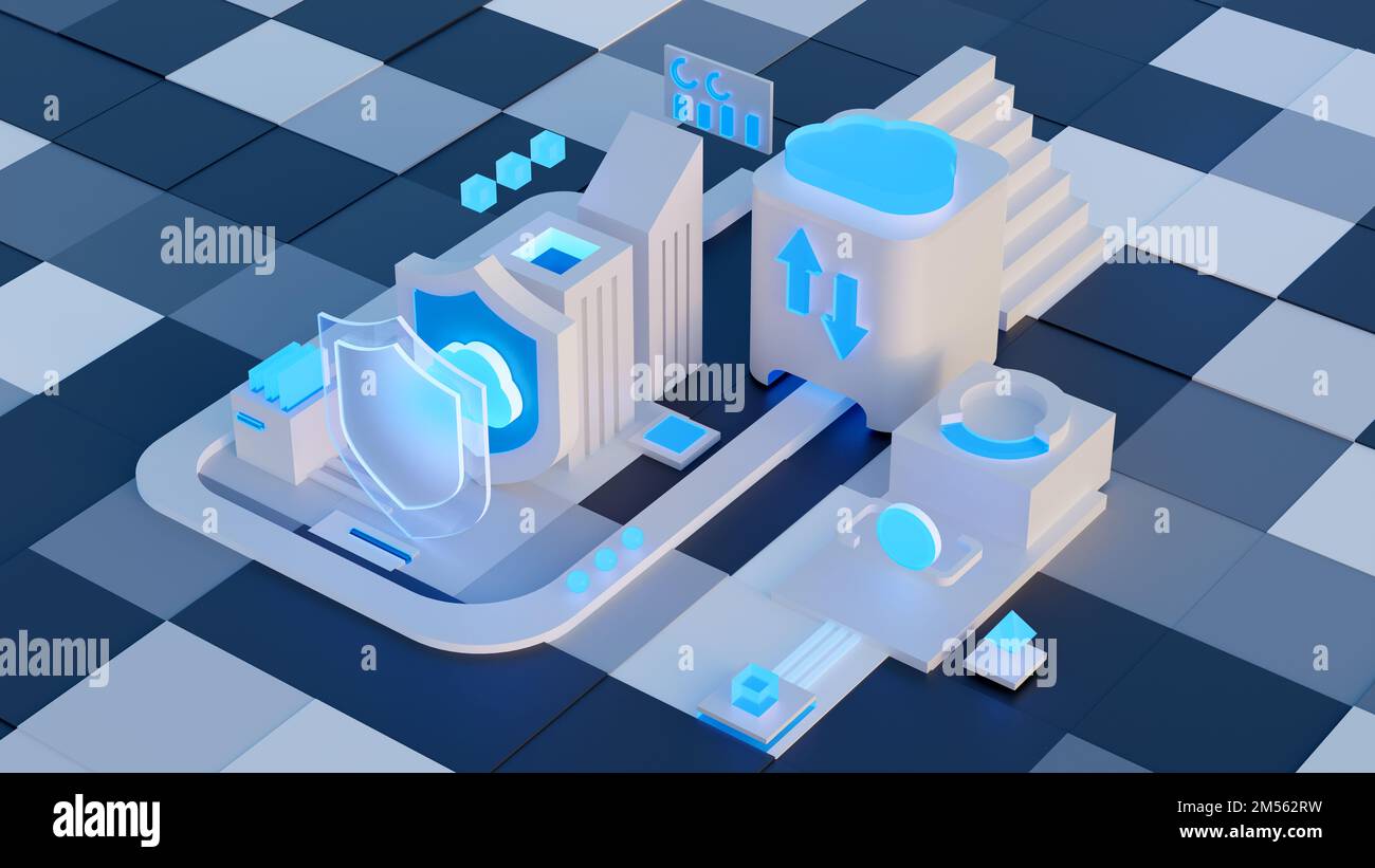 Cloud-Speicher zum Herunterladen einer isometrischen Datei. Ein digitaler Dienst oder eine Anwendung mit Datenübertragung. Netzwerk-Computing-Technologien. Futuristischer Server Stockfoto