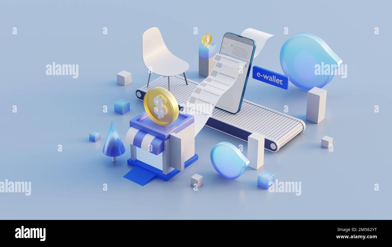 E-Wallet, ebanking, mobiles Banking, Online-Zahlung mit elektronischem Gerät und komplettem Buchhaltungssystem. 3D-Rendering Stockfoto