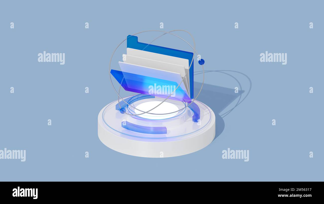 3D blauer digitaler Ordner, digitaler Dateiorganisationsdienst oder App mit Datenübertragung. 3D-Rendering. Stockfoto
