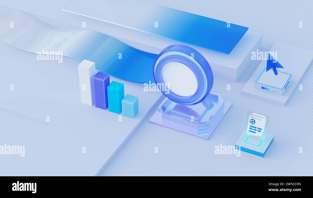 Analyse von Portfolio-Bilddaten in isometrischer Darstellung. Landing-Page-Vorlage für Web... 3D-Rendering Stockfoto