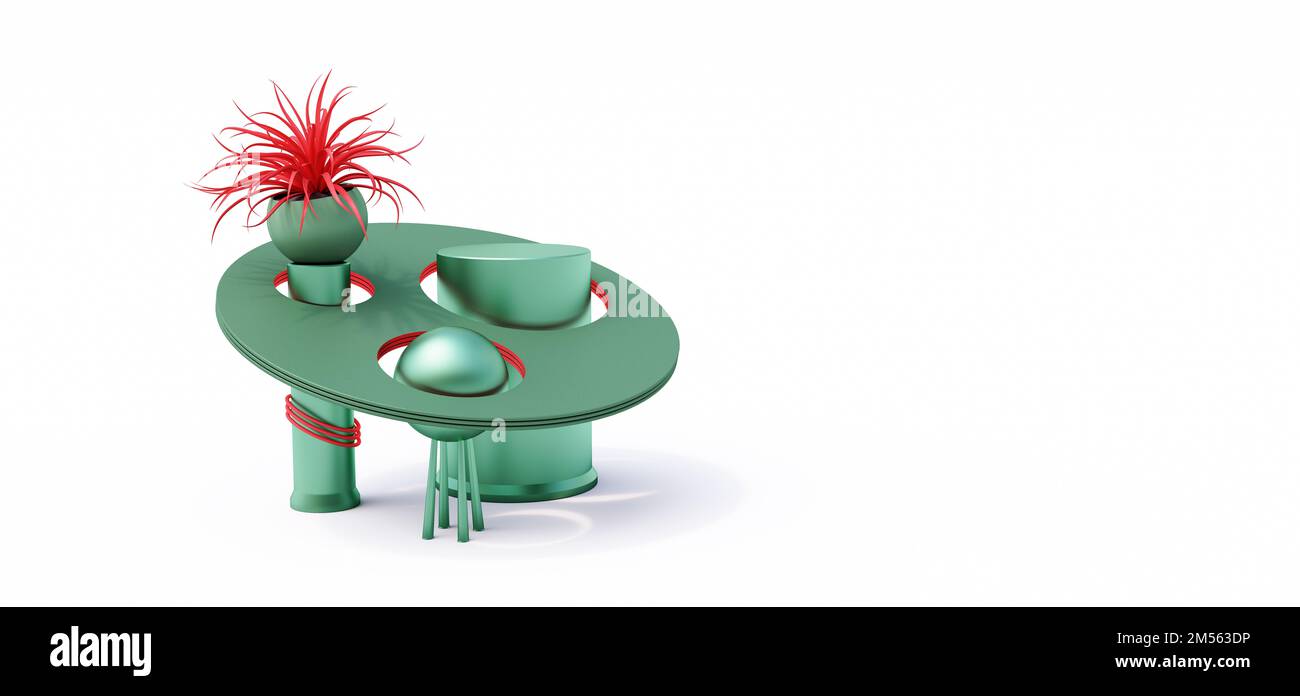Modell eines modernen Podiums für Produkte auf weißem Hintergrund. Rote Pflanze in Vase mit geometrischen Formen 3D-Rendering Stockfoto