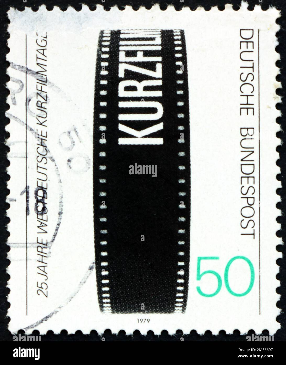 DEUTSCHLAND - CA. 1979: Ein in Deutschland gedruckter Stempel, der dem deutschen Kurzfilmfestival Oberhausen, ca. 1979 gewidmet ist Stockfoto