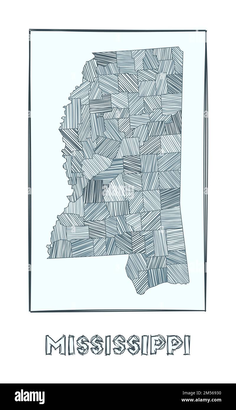 Skizzieren Sie eine Karte von Mississippi. Von Hand gezeichnete Graustufenkarte des US-Bundesstaates. Gefüllte Regionen mit Hachure-Streifen. Vektorabbildung. Stock Vektor