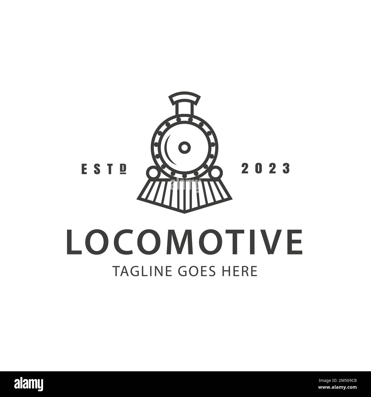 Vintage Old Locomotive Engine Logo Design Vector. Lokomotive Line Art Logo-Vektor-Illustration einfacher Minimalismus. Zugzeichen oder Symbo im Retro- oder Oldtimer-Stil Stock Vektor