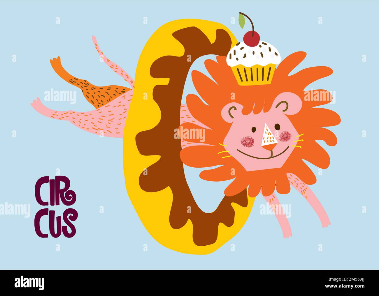 Niedlicher Löwe springt durch einen Donut. Zirkus Tierkünstler Trick mit Donut Stock Vektor