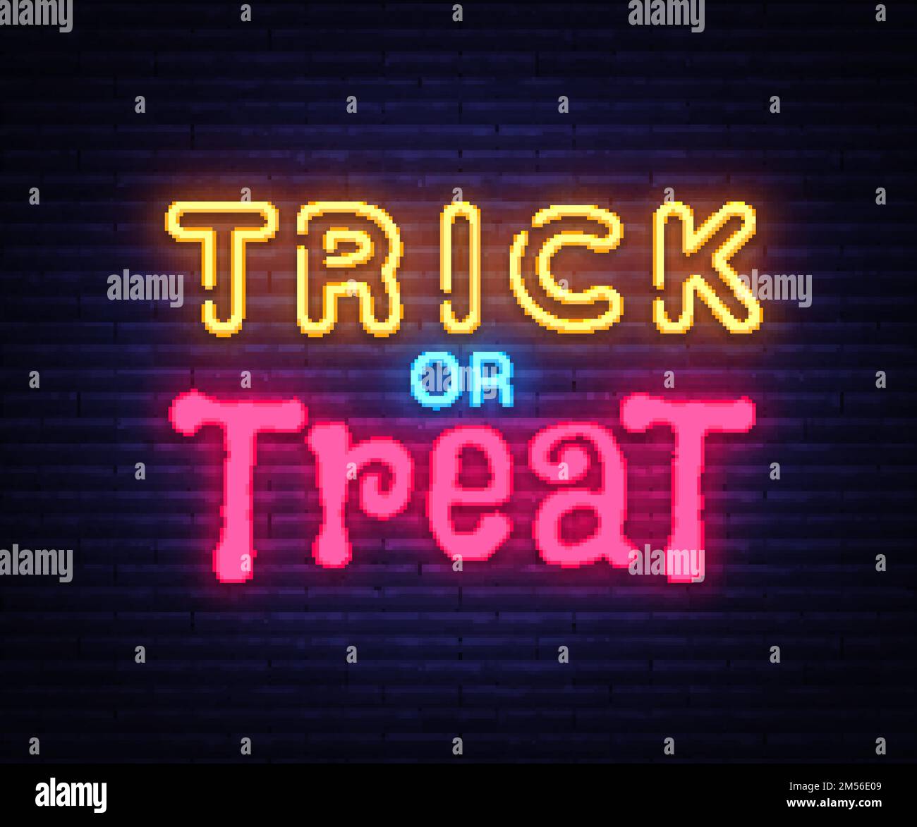 Design-Vorlage für Neon-Textvektoren für „Trick or Treat“. Neon-Logo, helles Banner-Designelement farbenfroher moderner Designtrend, Nachtlicht Stock Vektor