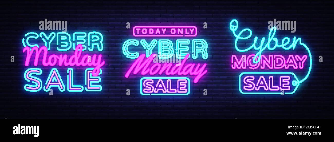 Große Neonschilder für Cyber Monday. Neon-Banner-Vektor. Cyber Monday Neonschild, Designvorlage, modernes Trenddesign, Nachtlicht-Schild, NI Stock Vektor