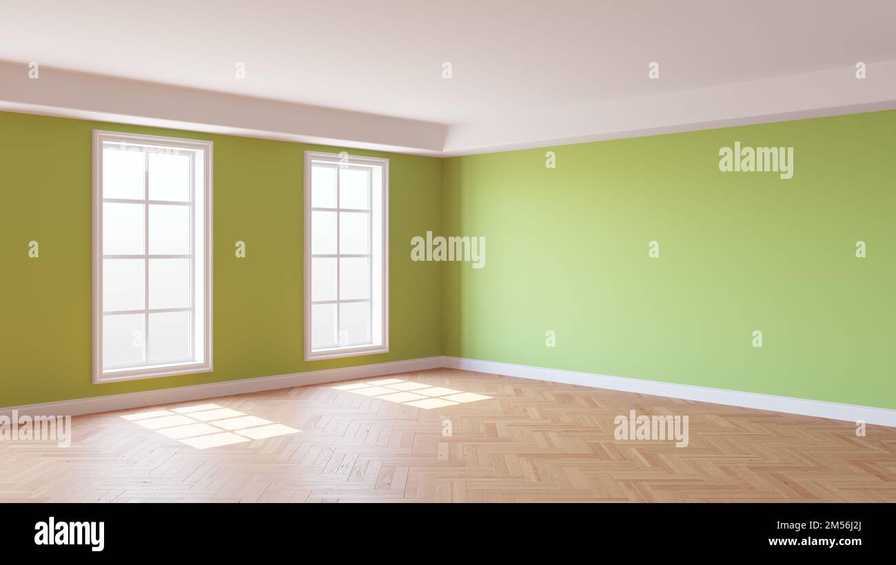 Helles Grün mit verputzten Wänden, zwei Fenstern, weiße Decke und Zierleisten, glänzender Parkettfußboden mit Fischgrätmuster und weißer Sockel. Wunderschönes Innenkonzept. 3D-Rendering, 8K Ultra HD, 7680 x 4320 Stockfoto