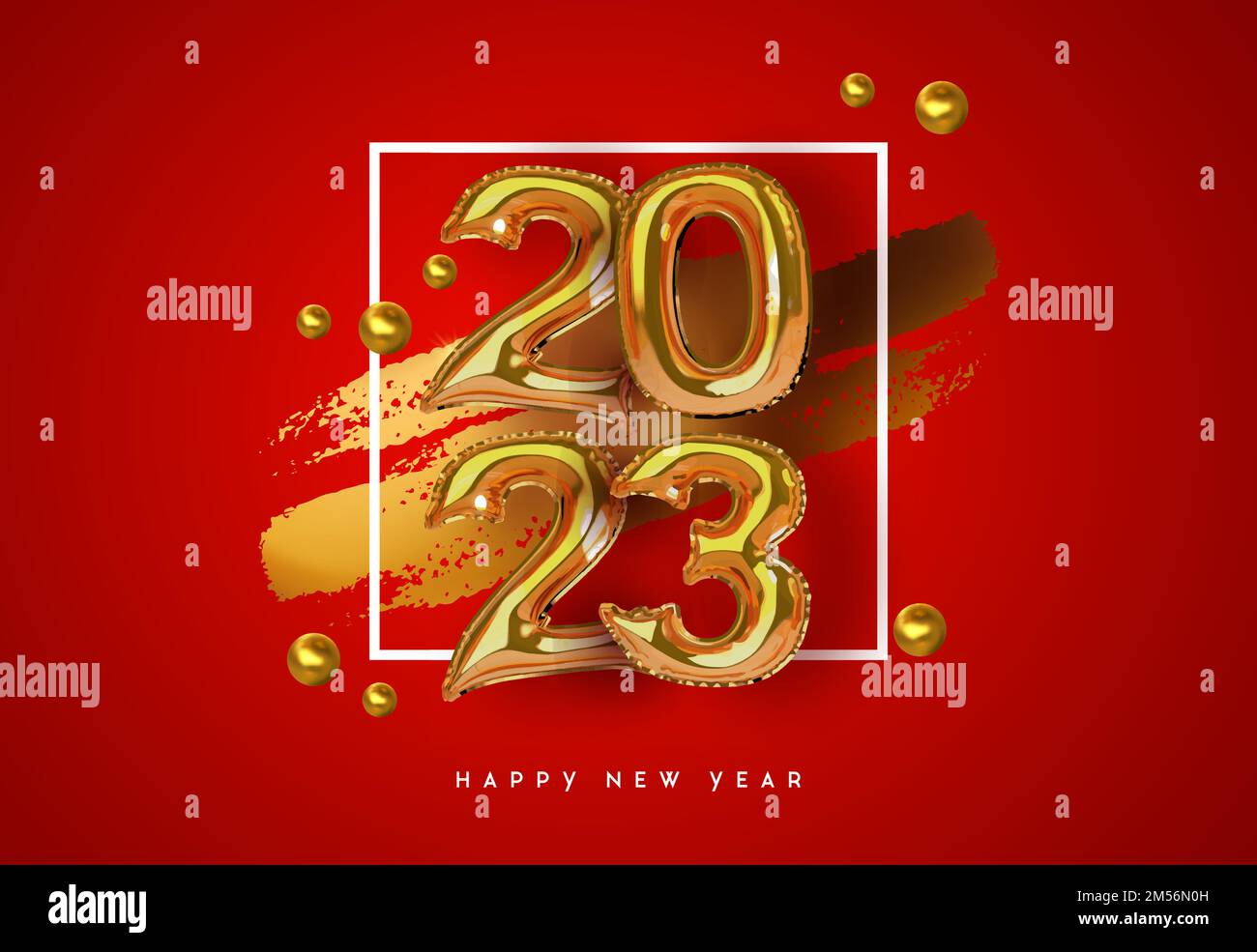 Frohe Neujahrskarte 2023, goldene 3D Kalendernummer mit Glitzer und goldener Dekoration. Luxuriöses Schriftzeichen für Feiertagsfeiern Stock Vektor