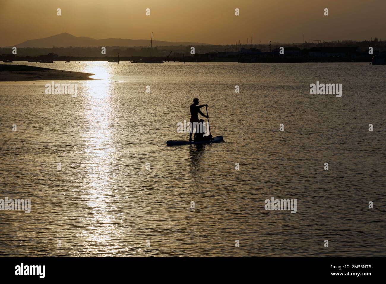 Tavira, Algarve, Portugal. Stand-up-Paddle-Boarder mit Beifahrer. Silhouette vor Sonnenuntergang. Stockfoto
