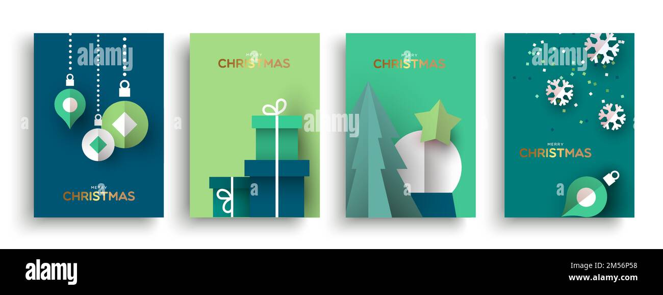 Frohe Weihnachten 3D-Grußkarte mit Papierschnitt. Kollektion mit dekorativen Winterdekorationen, Geschenkbox, hängenden Kugeln, Schneeflocken in Origami-Design-ele Stock Vektor