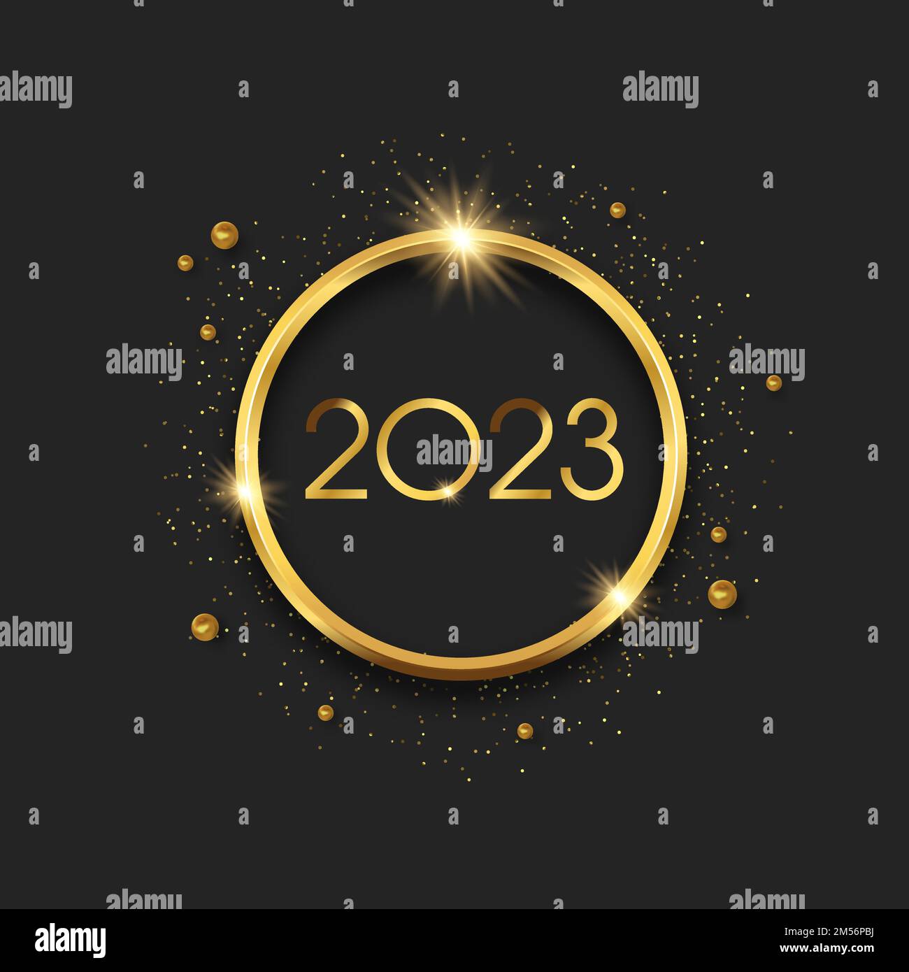 Silvester 2023 in realistischem Gold mit 3D-mm-Kreisrahmen auf isoliertem schwarzem Hintergrund mit goldenem Glitzerstaub und luxuriösen Perlen. Grußkarte mit Glitzereffekt Pa Stock Vektor