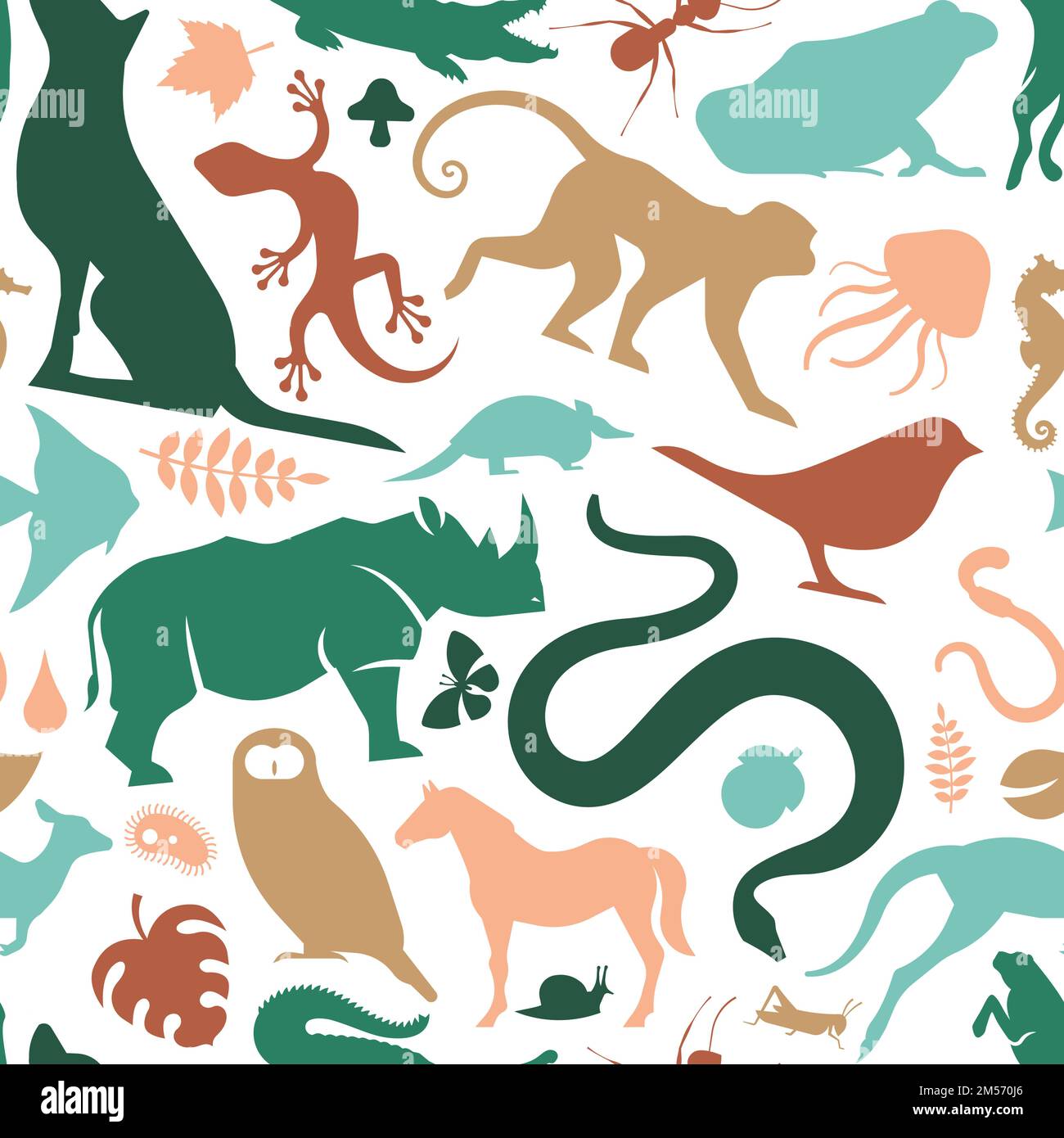 Diverse wild Tier Symbol nahtlose Muster Illustration. Bunte flache Tiere Hintergrund für Wildtiere Artenvielfalt Konzept oder Naturschutz campai Stock Vektor