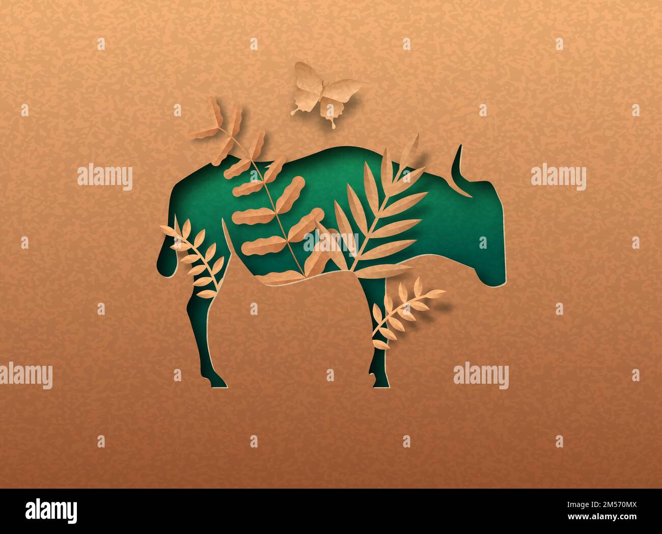 Grün wildebeest Tier isoliert papercut Silhouette mit tropischen Pflanzen Blatt innen. Recycling Papier Textur Ausschnitt Konzept für afrika Safari, wildlif Stock Vektor