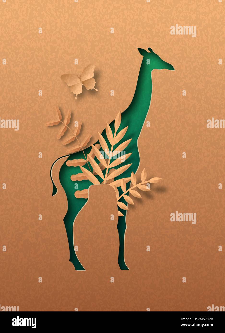 Grüne Giraffe Tier isoliert papercut Silhouette mit tropischen Pflanzen Blatt innen. Recycling Papier Textur Ausschnitt Konzept für afrika Safari, Tierwelt c Stock Vektor