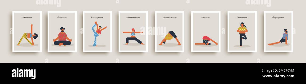 Yoga Pose Name in indischer Sprache, Poster Illustration Kollektion. Verschiedene Männer und Frauen Menschen setzen dabei verschiedene Entspannung Position Übung. Stock Vektor
