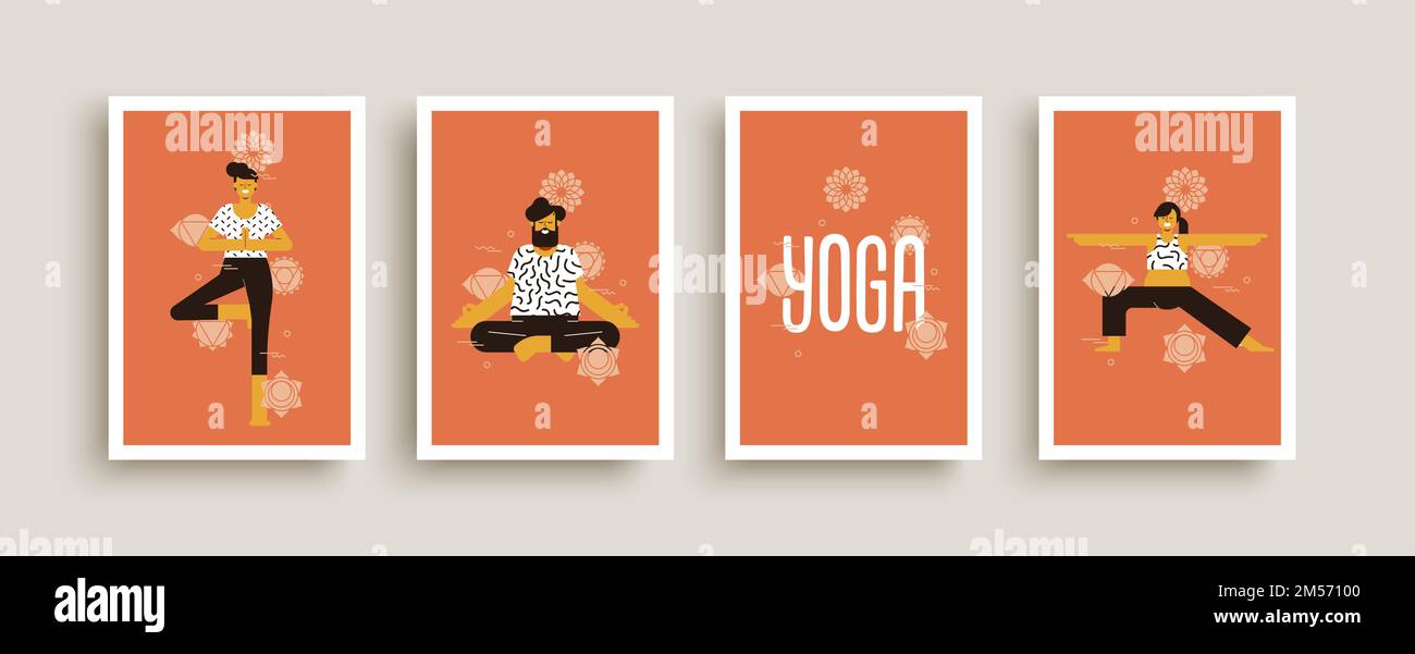 Yoga Pose Konzept Poster Illustration Kollektion. Happy flat Cartoon Männer und Frauen Charakter gesetzt tun verschiedene Entspannung Position Übung. Stock Vektor