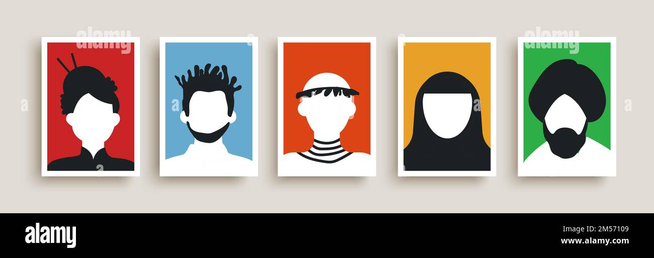 Diverse Menschen Portrait Poster Illustration Set. Multirassische Männer und Frauen Gesichter in bunten Hintergrund Banner. Asiatische Kultur, muslimischer Charakter, afrikanisch Stock Vektor