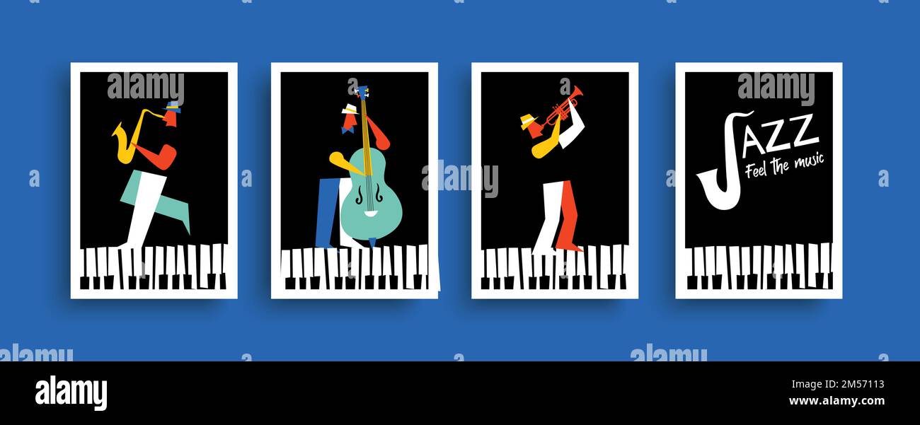 Jazz-Band Poster Illustration Sammlung. Bunte Männer spielen Musikinstrument im Retro Mitte Jahrhundert Cartoon-Stil. Unterhaltsame Unterhaltung Stock Vektor