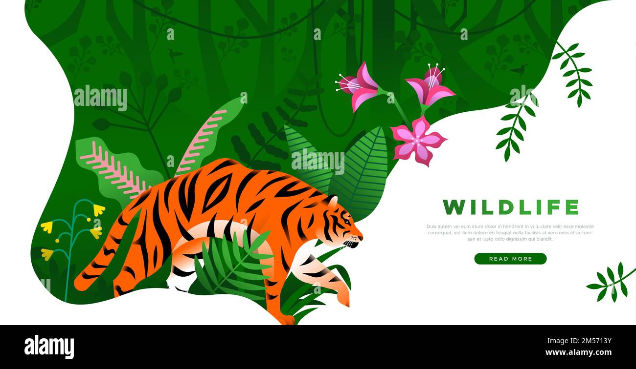 Abbildung der Landing Page-Vorlage für Wildtiere. Dschungelumgebung mit verschiedenen Pflanzenblättern, bengalen Tiger Tier und Blumen. Online Regenwaldkonservati Stock Vektor