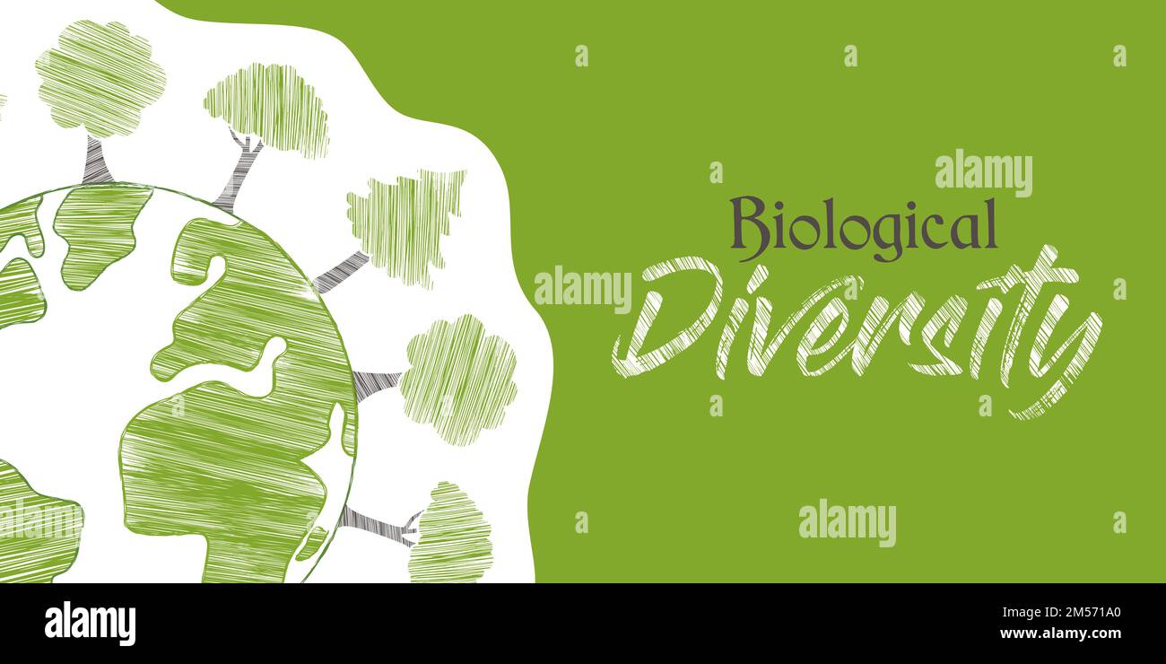 Biological Diversity Bannerdarstellung des grünen Planeten Erde mit handgezeichneten Baumkritzeln. Konzept zur Sensibilisierung der Natur. Stock Vektor