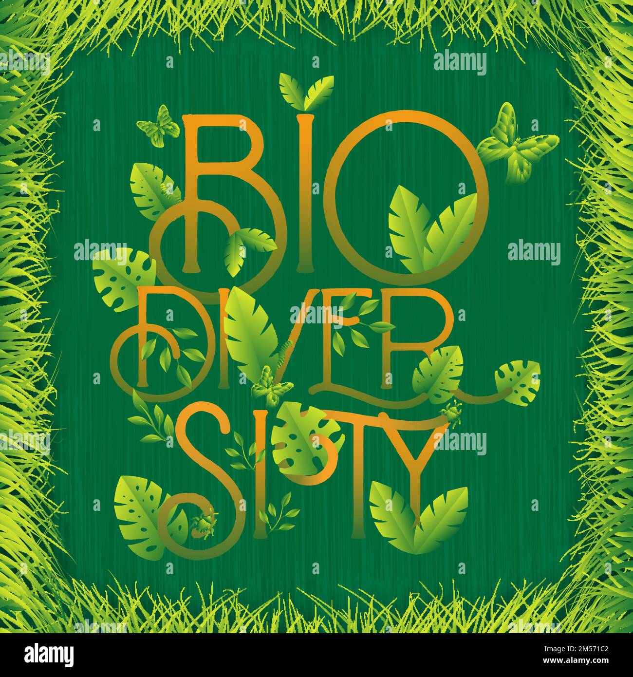 Biodiversität Text Zitat Zeichen aus verschiedenen grünen Pflanzenblättern. Naturpflegekonzept, Wildlife-Conservation-Design in flacher Cartoon-Stil. Stock Vektor