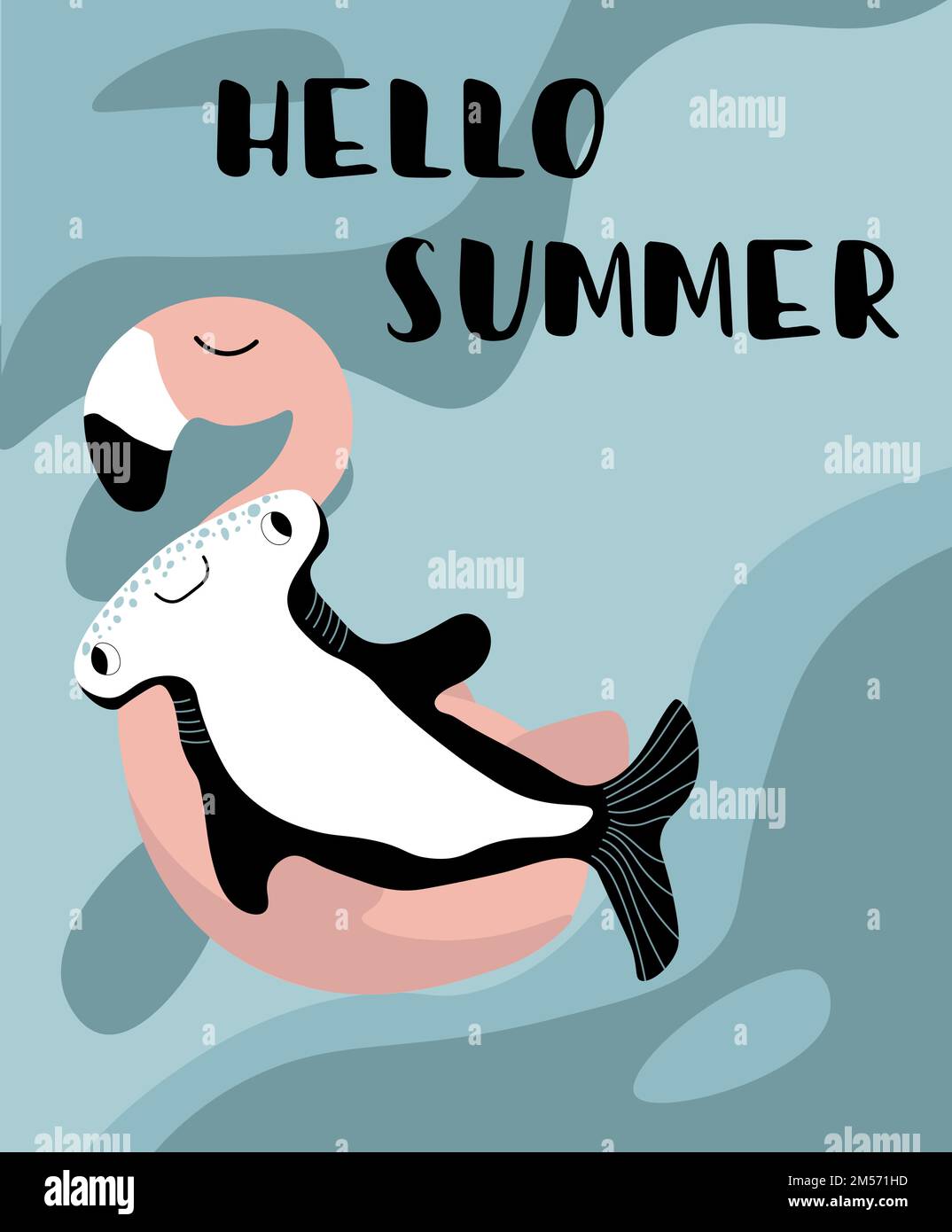 Vektor-Ozean-Illustration mit Hammerhaie-Fischen auf einem aufblasbaren Flamingo. Hello Summer - Moderne Schriftzeichen. Unterwassertiere. Design für Banner Stock Vektor