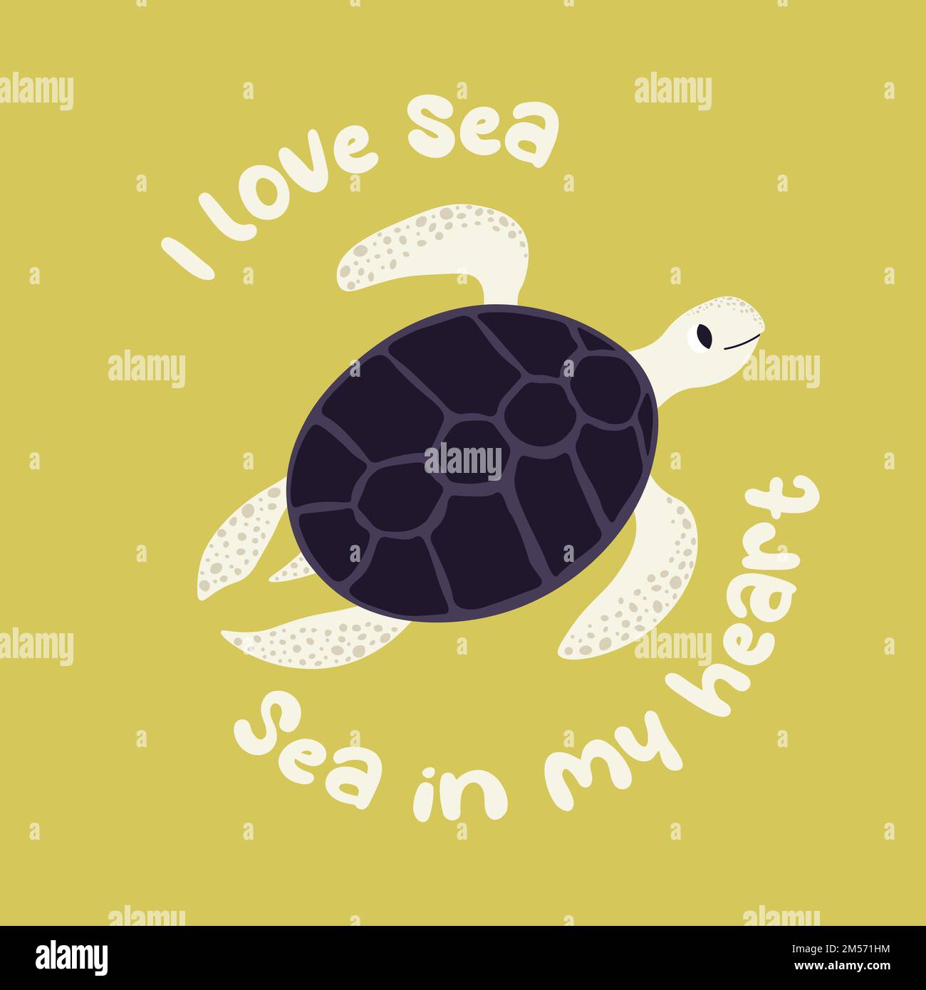 Vektor-Ozean-Illustration mit Schildkröte. Ich liebe das Meer, das Meer in meinem Herzen - moderne Schriftzeichen. Unterwassertiere. Ökologisches Design für Banner, Flyer Stock Vektor