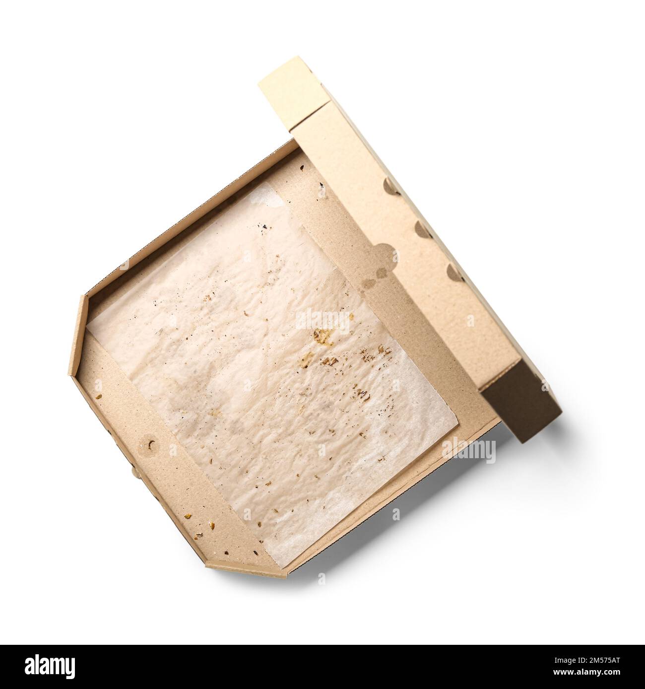 Leere fettige Pizza-Box auf weißem Hintergrund Stockfoto