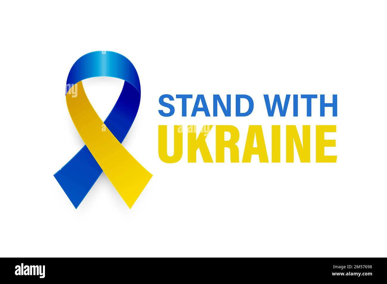 Stehen Sie auf der Seite der Ukraine. Anti-war-Ruf mit dem Friedenssymbol mit blauem und gelbem Seidenband auf weißem Hintergrund. Farben Der Ukrainischen Flagge. Kämpfen Stock Vektor