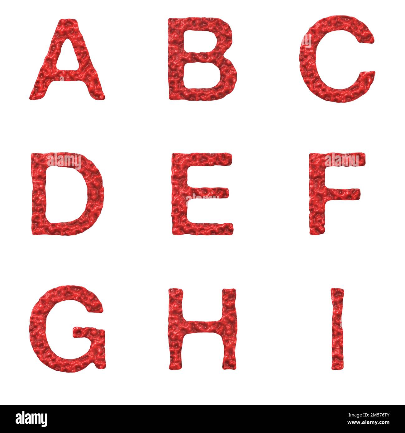 3D-Rendering-Satz von Bloody Font Alphabet, Numbers und Punctutation Marks, isoliert auf weißem Hintergrund, einschließlich Pfad. Stockfoto