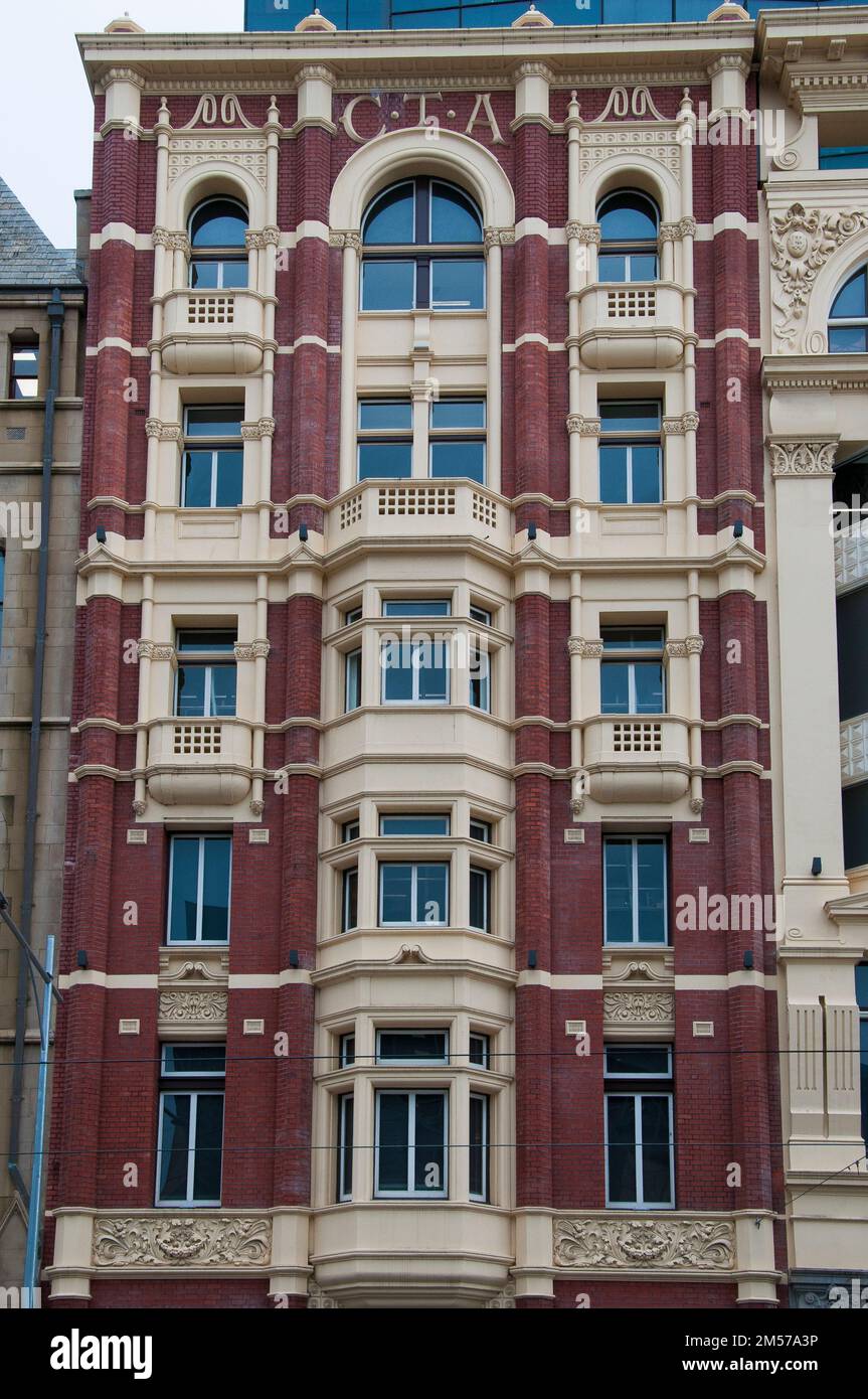 Ehemaliger CTA, Commercial Travellers Association, Building (1899), gegründet in John Holland's Flinders Gate Development, 172-192 Flinders Street, Stockfoto