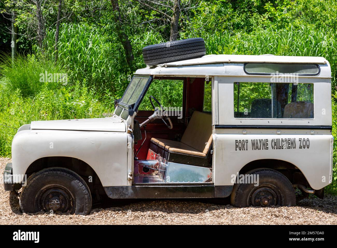 Im Fort Wayne Children's Zoo in Fort Wayne, Indiana, USA, wird ein inoperabler anticker Land Rover Series II Station Wagon ausgestellt. Stockfoto