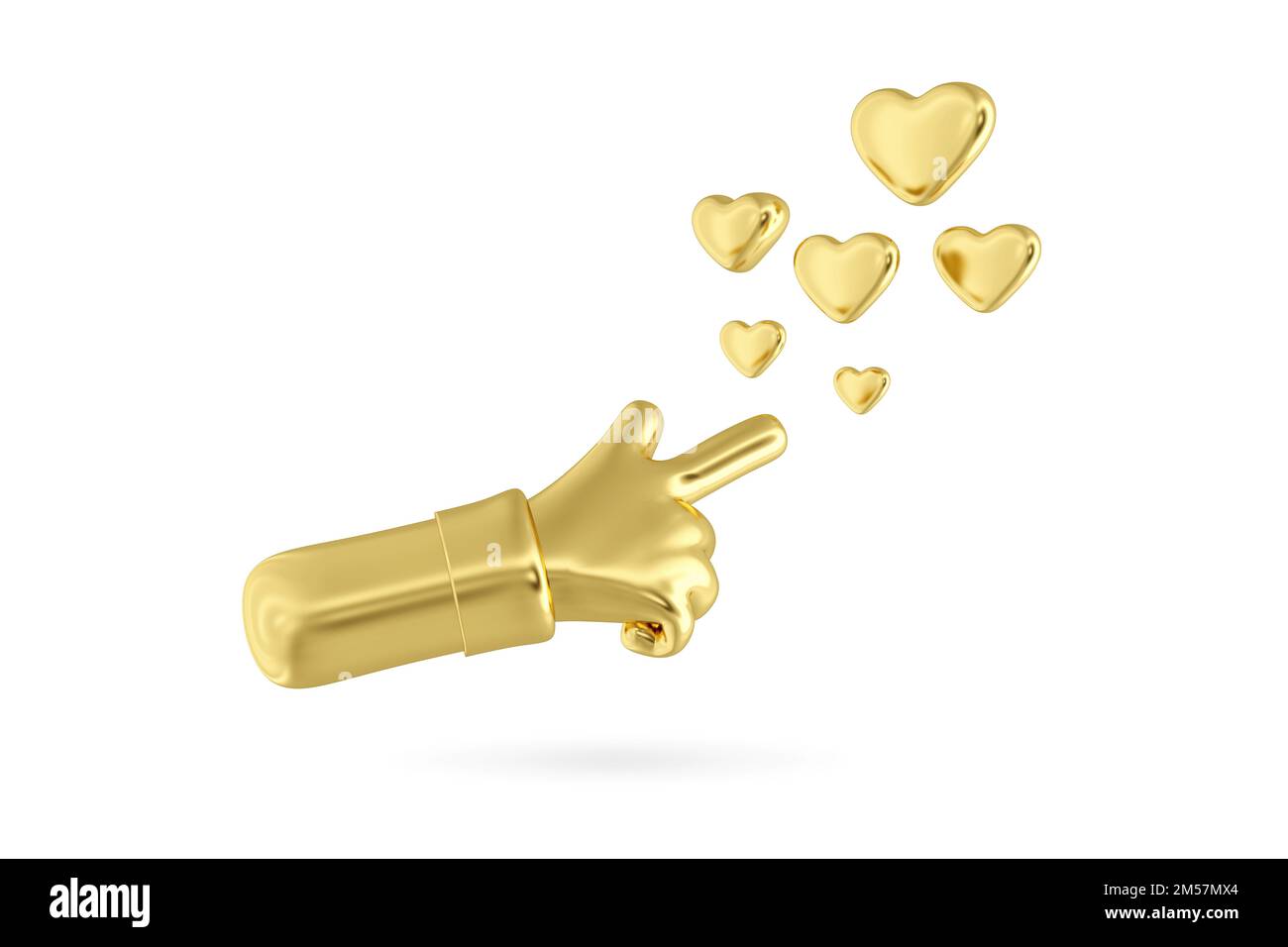 Goldenes Zeigefinger-Symbol mit isoliertem Herzsymbol auf weißem Hintergrund. Goldene Hand drückt einen Herzknopf mit Zeigefinger, 3D-Rendering Stockfoto