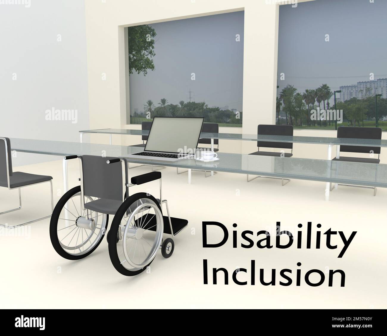 3D Abbildung eines Rollstuhls im Freien mit dem Titel „Invability Inclusion“. Stockfoto