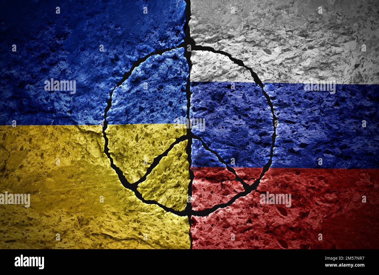 Russland und Ukraine Krieg- und Friedensgipfel sind für die ukrainische und russische Nation als europäisches Sicherheitskonzept ein Symbol für Zementrisse Stockfoto