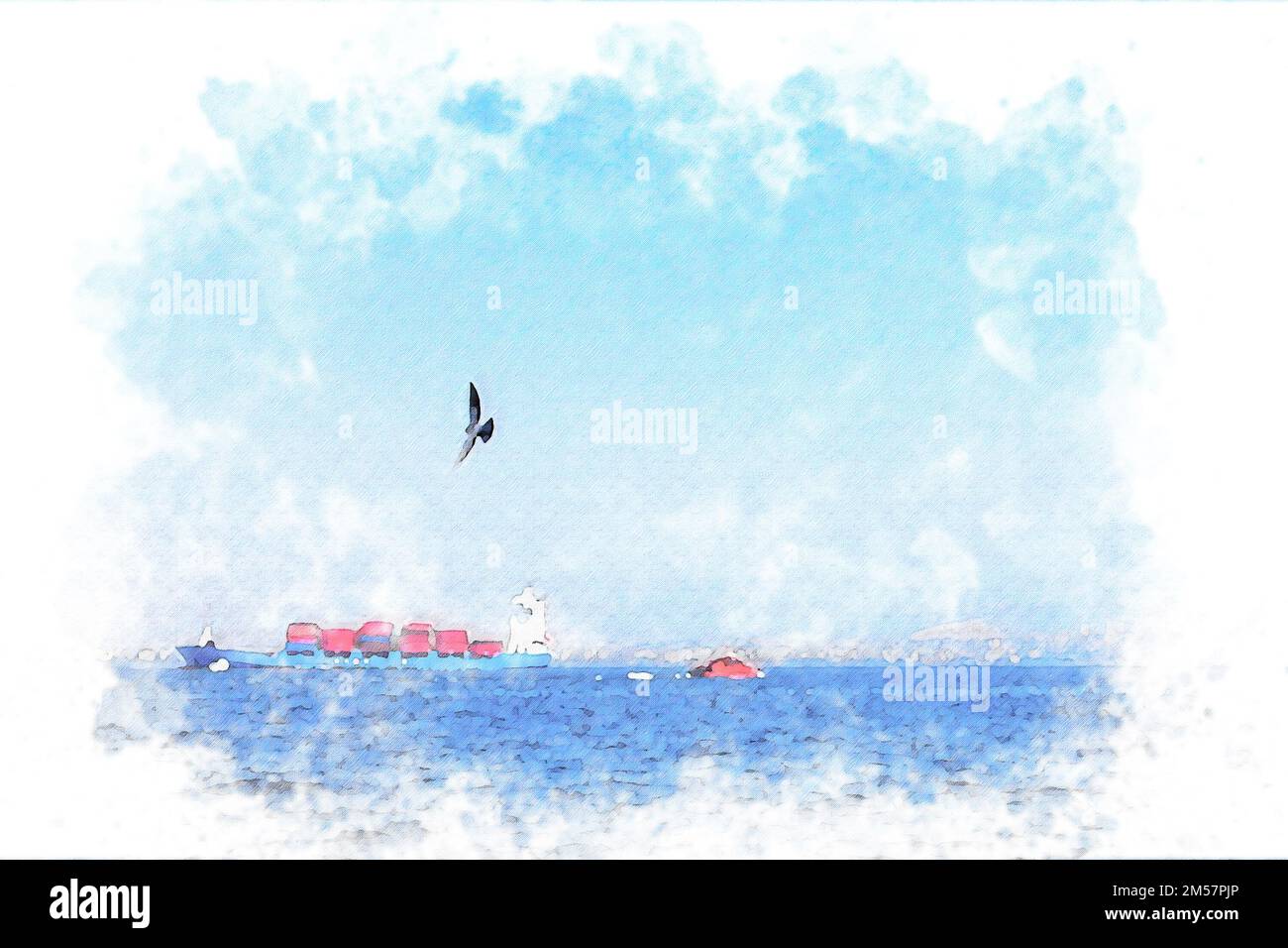 Aquarelldarstellung. Blick auf möwe, Frachtschiff und Meer. Stockfoto