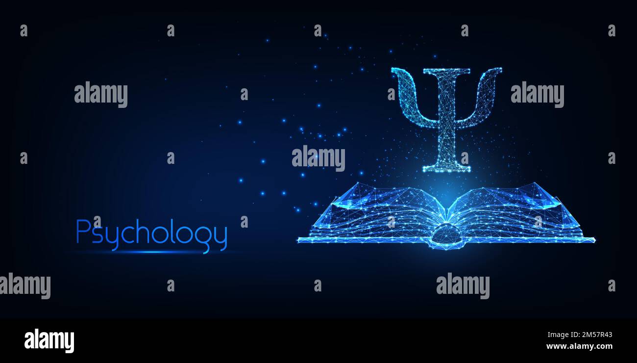 Futuristisches Psychologiekonzept mit leuchtendem, polygonalem, offenem Buch und PSI-griechischem Buchstaben isoliert auf dunkelblauem Hintergrund. Modernes Drahtgitter-Design Stock Vektor