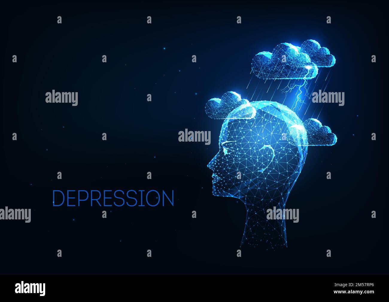 Futuristische Depression, psychische Störungen Konzept mit leuchtend niedrig polygonalen menschlichen hatte und Sturmwolken auf dunkelblauem Hintergrund. Modernes Drahtmodell Stock Vektor