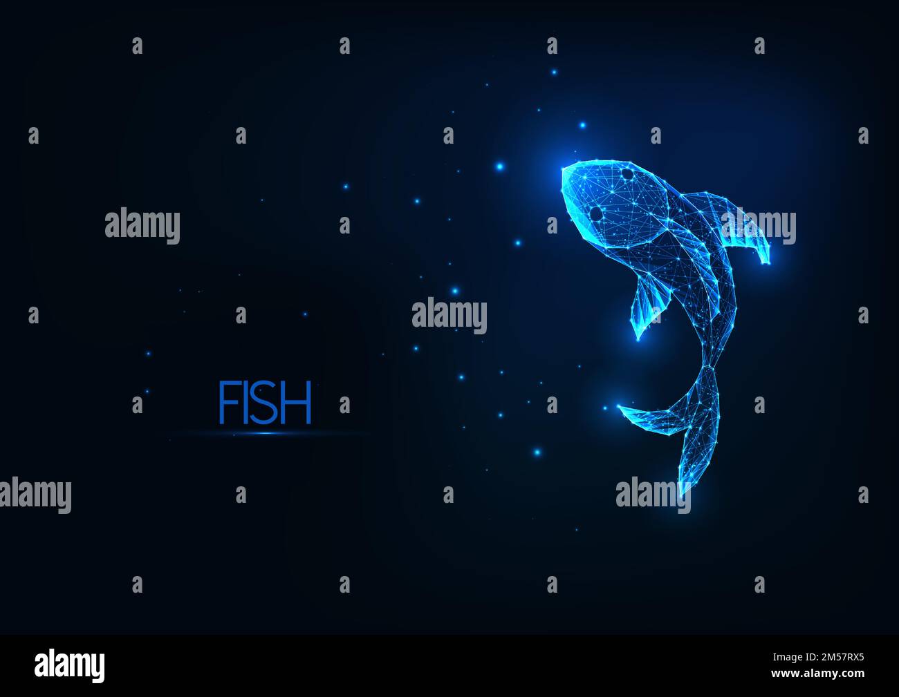 Futuristischer, glühender, polygonaler Fisch, isoliert auf dunkelblauem Hintergrund. Ozeanarium, Meereswissenschaftskonzept. Moderne Drahtmodellkonstruktion mit Vektorbeleuchtung Stock Vektor
