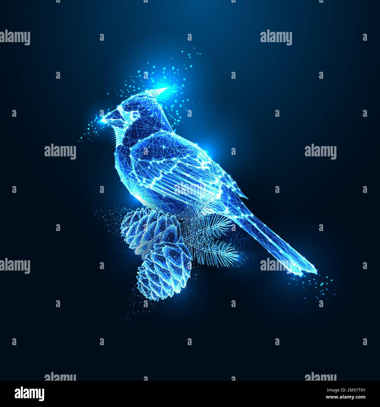 Abstrakte Kardinalvogel- und Kiefernzapfen in furutistisch leuchtendem polygonalen Stil isoliert auf dunkelblauem Hintergrund. Vogelhologramm. Modernes Drahtmodelldesign V Stock Vektor