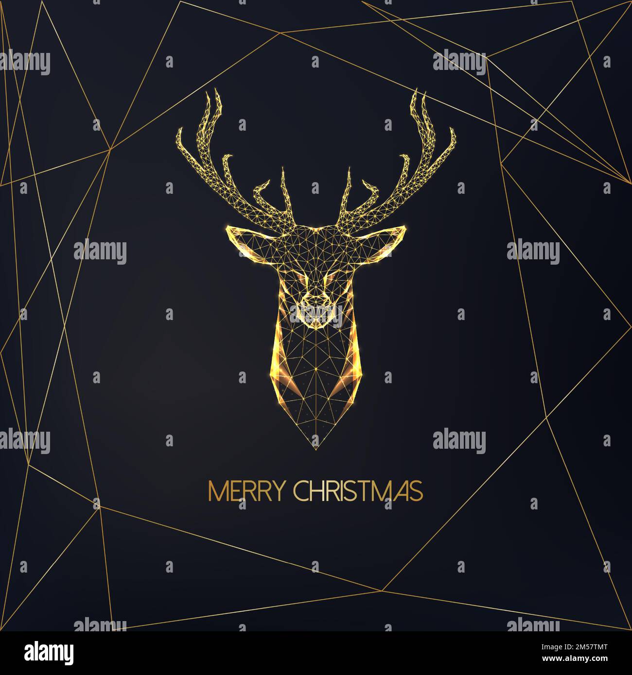 Frohe Weihnachtsgrußkarte mit goldenem, polygonalem Hirschkopf mit Geweih und Text auf schwarzem