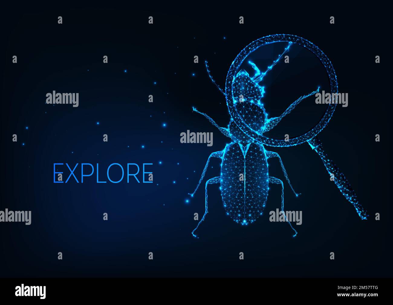 Futuristische, glühende, polygonale Insektenkäfer mit vergrößertem Körperteil unter Lupe isoliert auf dunkelblauem Hintergrund. Forschungsprojekt Explorati Stock Vektor