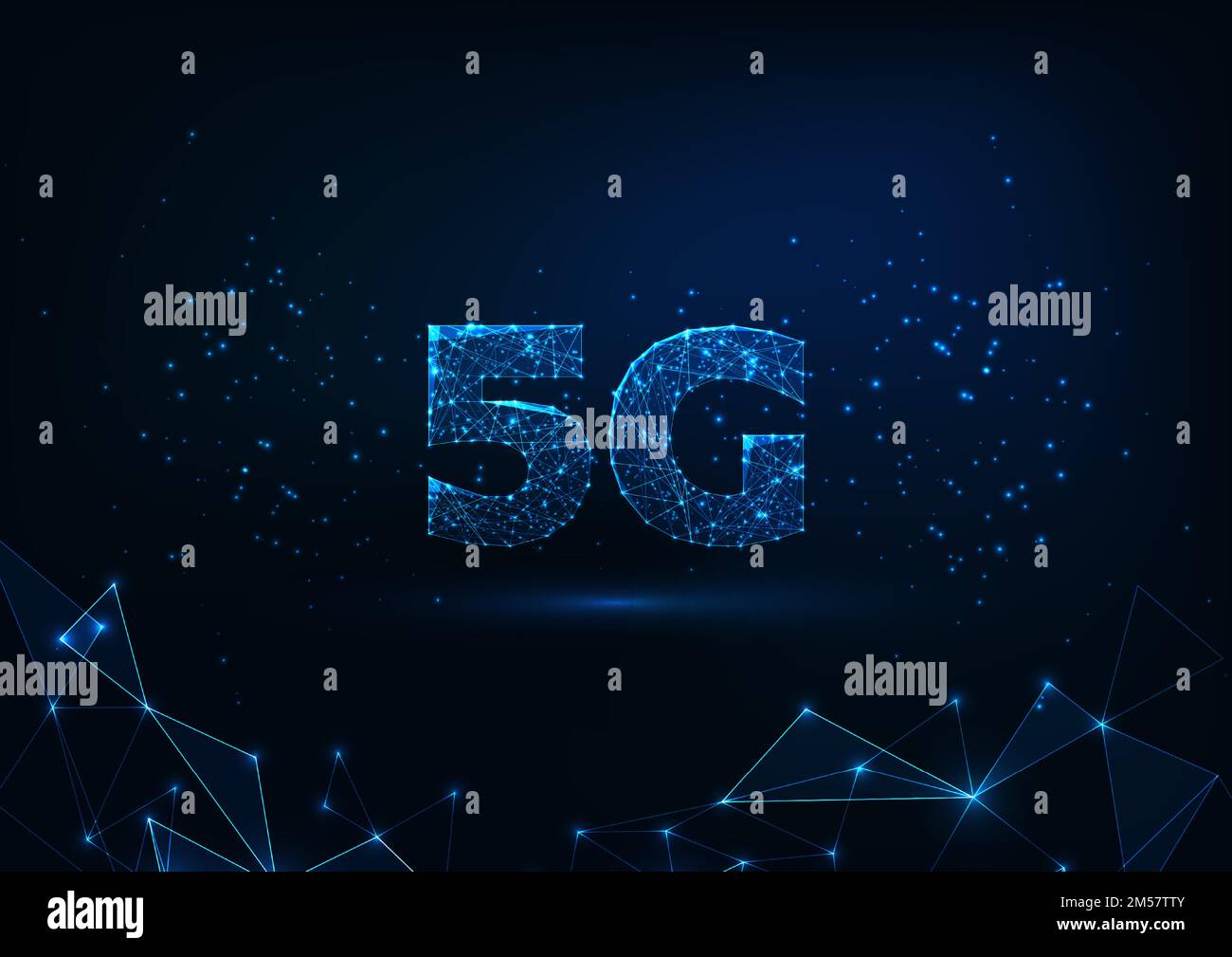 Futuristisches, schwach polygonales, schnelles 5G-Internetverbindungskonzept mit Linien, hellen Partikeln und Punkten auf dunkelblauem Hintergrund. Innovative Technologie Stock Vektor