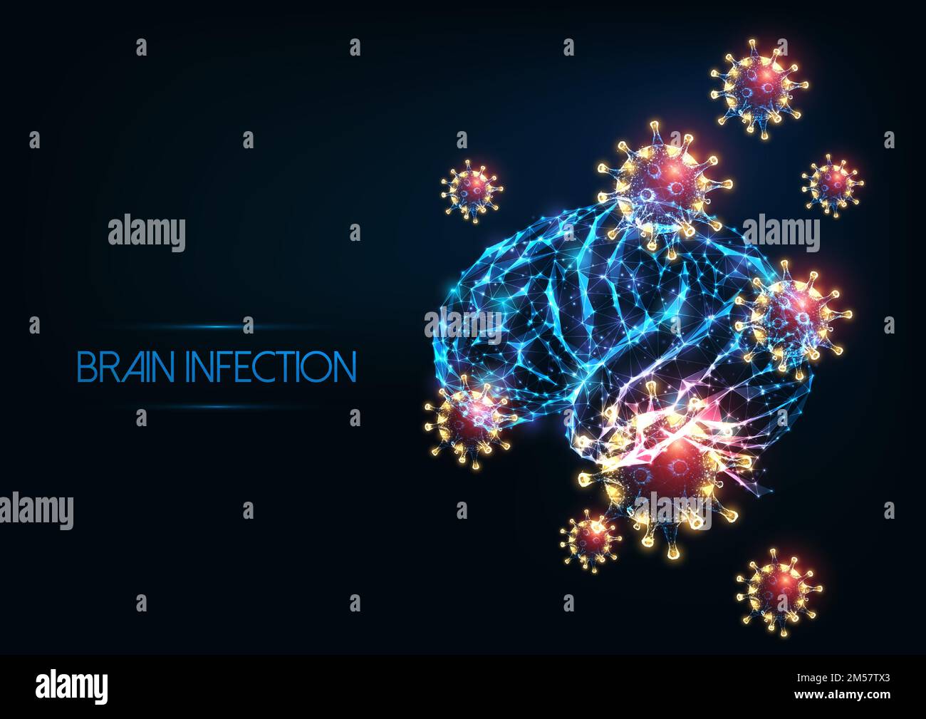 Futuristische Hirninfektion Meningitis, Enzephalitis-Konzept mit leuchtend niedrig polygonalem menschlichen Gehirn und Viruszellen auf dunkelblauem Hintergrund. Moderne wir Stock Vektor